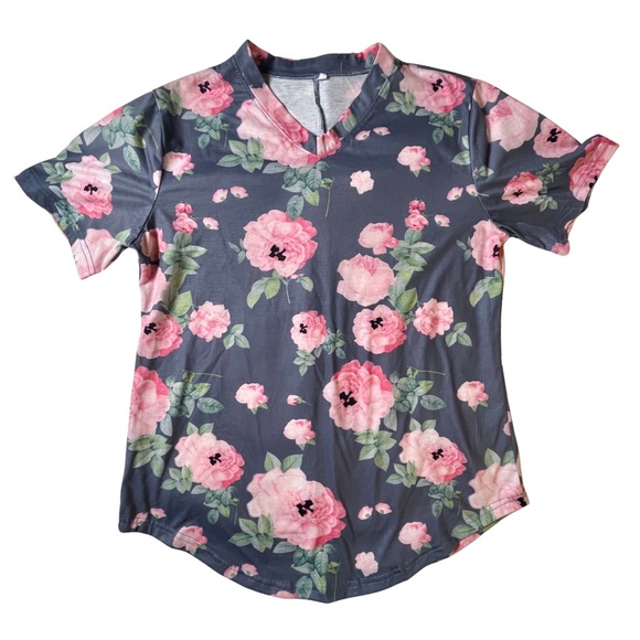 Women's Short Sleeve Dark Floral T-Shirt V Neck Pink Flowers - Picture 1 of 8